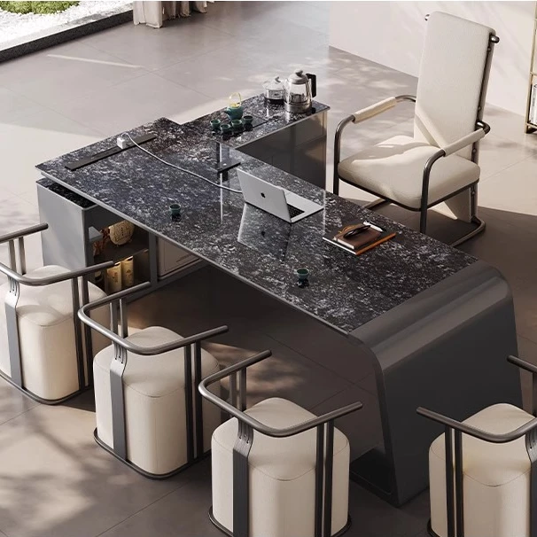 办公室岩板茶桌椅组合轻奢现代高级感老板总裁桌高端接待泡茶台