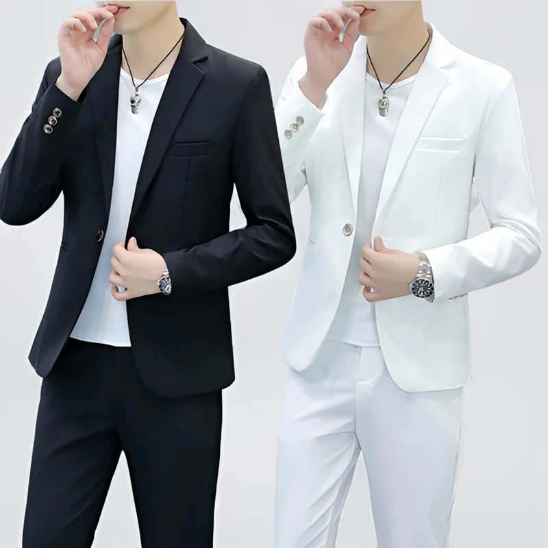 男士白色西服套装韩版修身一套薄款潮流帅气休闲纯色小西装外套