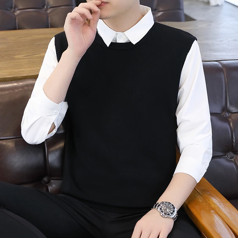 纯色假两件毛衣2024年新款秋冬新款男衬衫领套头针织百搭白打底衫