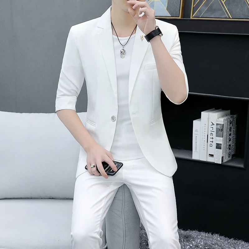 新款夏季中袖西服套装男士休闲百搭纯色薄款五分袖修身小西装外套