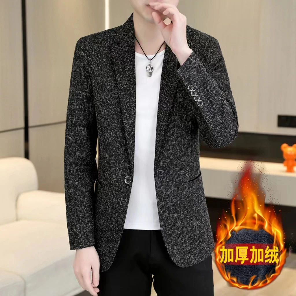 轻奢男士修身帅气韩版西服秋冬季单西外套休闲加绒小西装商务上衣