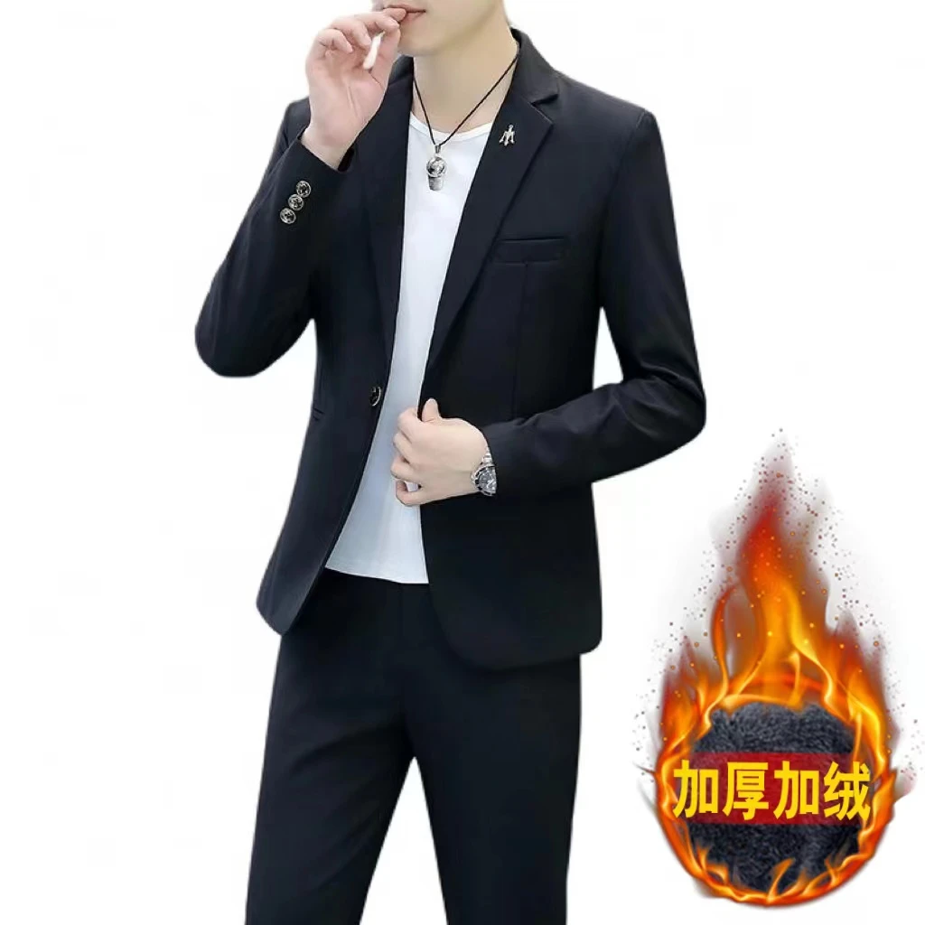 纯黑色西装男士外套秋冬季加绒两件套韩版修身商务休闲小西服套装