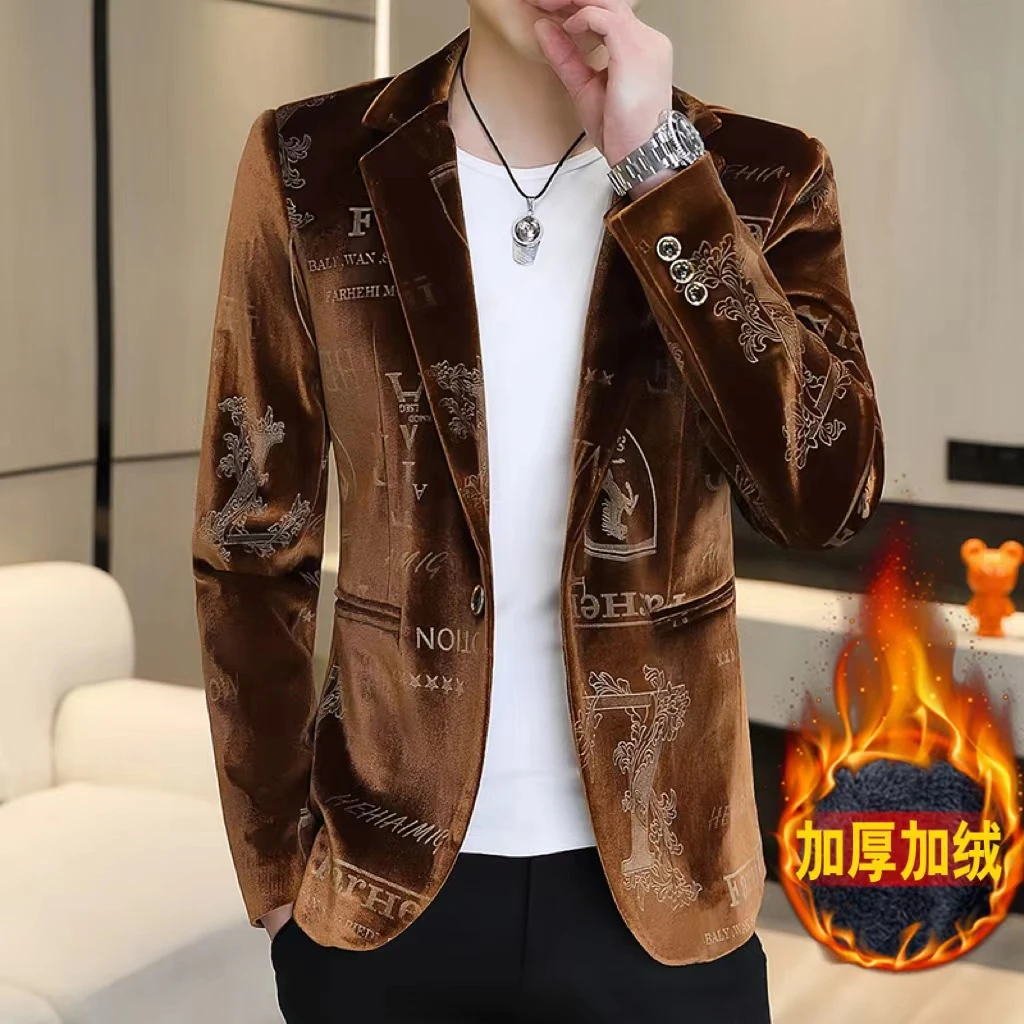 2024秋冬新款金丝绒潮流休闲小西装外套男士韩版修身帅气西服上衣