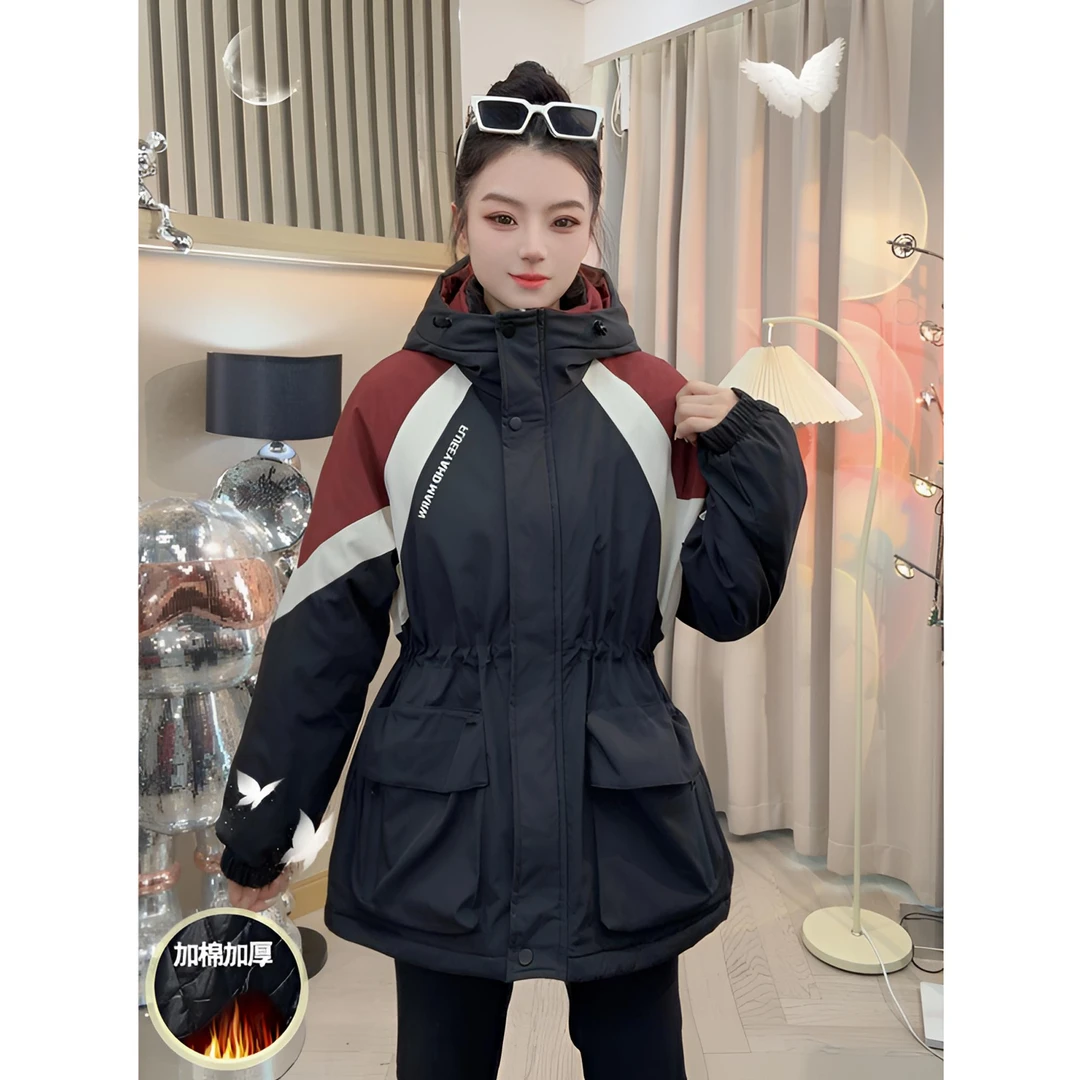 时尚拼色上衣外套女2024秋季新款宽松抽绳收腰连帽加厚加棉冲锋衣