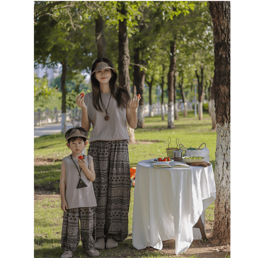 韩系新款复古亲子装儿童咖色套装休闲百搭时尚洋气母女夏季薄款