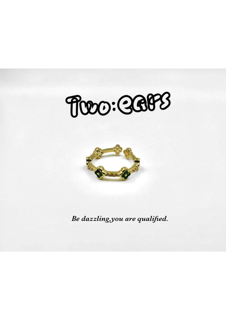 铜合金合成锆石戒指 ★Two Ears ★ CLOVER幸运四叶草简约开口戒
