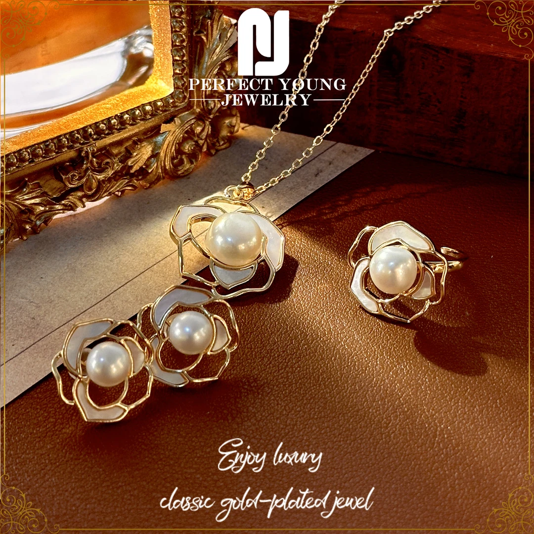 5409-Z【3件套】轻奢气质山茶花项链戒指耳钉套装女