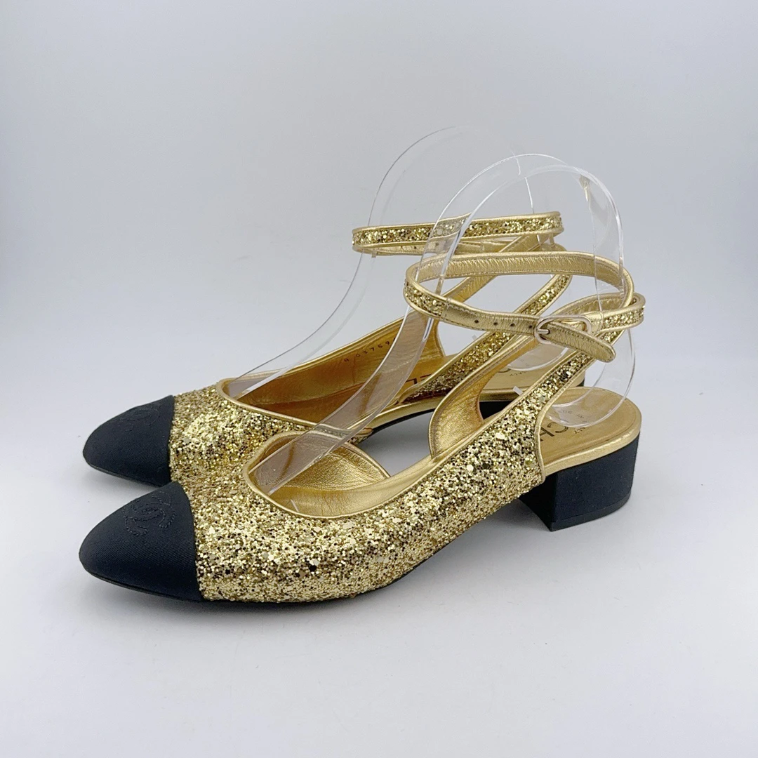 95新 Chanel/香奈儿 38.5码/98新/黑金绑带高跟凉鞋/mj02216