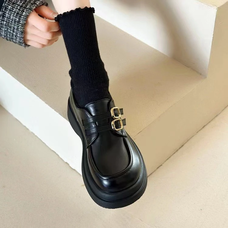 小皮鞋女款英伦风单鞋2024新款春秋百搭厚底圆头乐福鞋黑色女鞋子