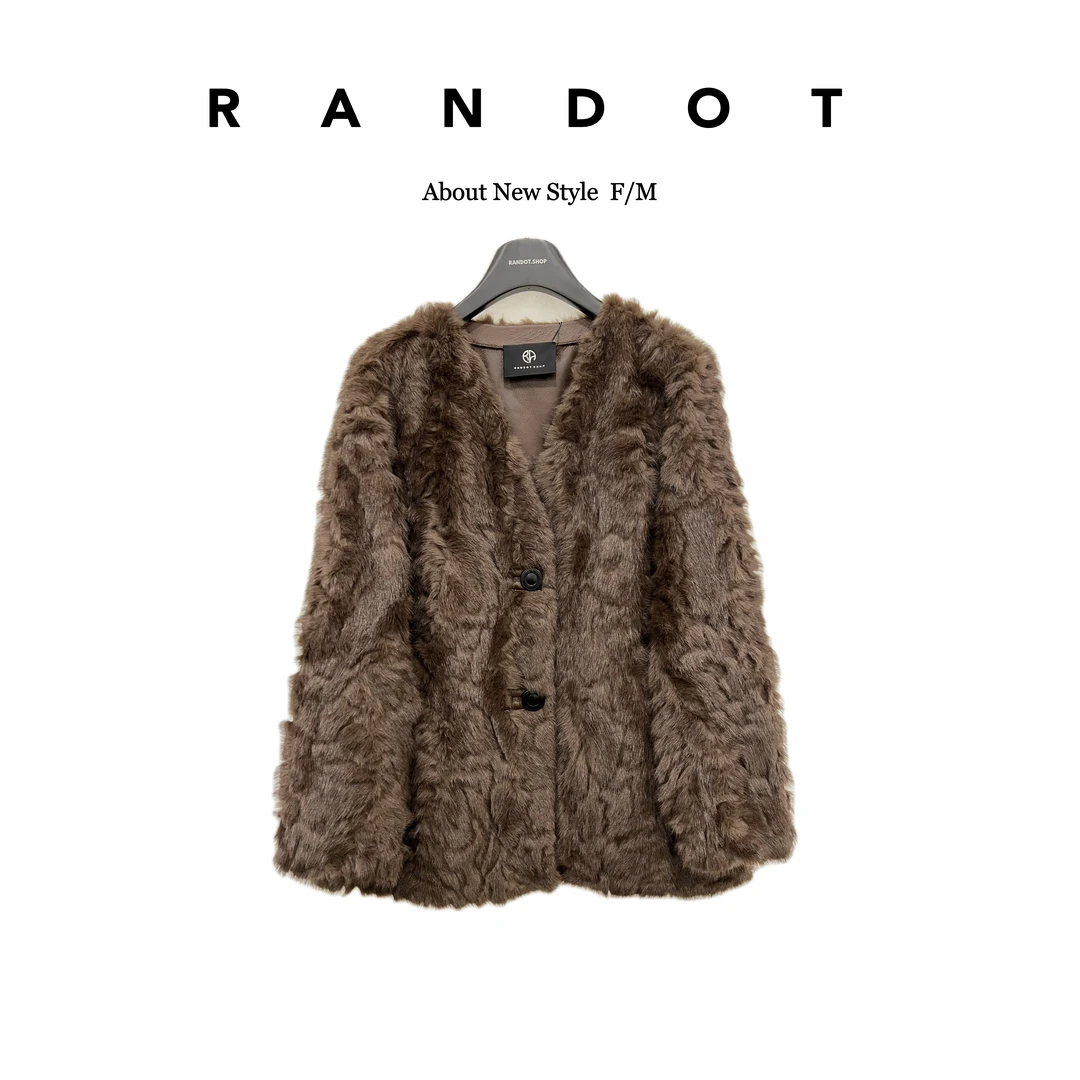 ┞RΛNDOT┪原创设计师款环保毛V领廓形蛋白皮外套X8738