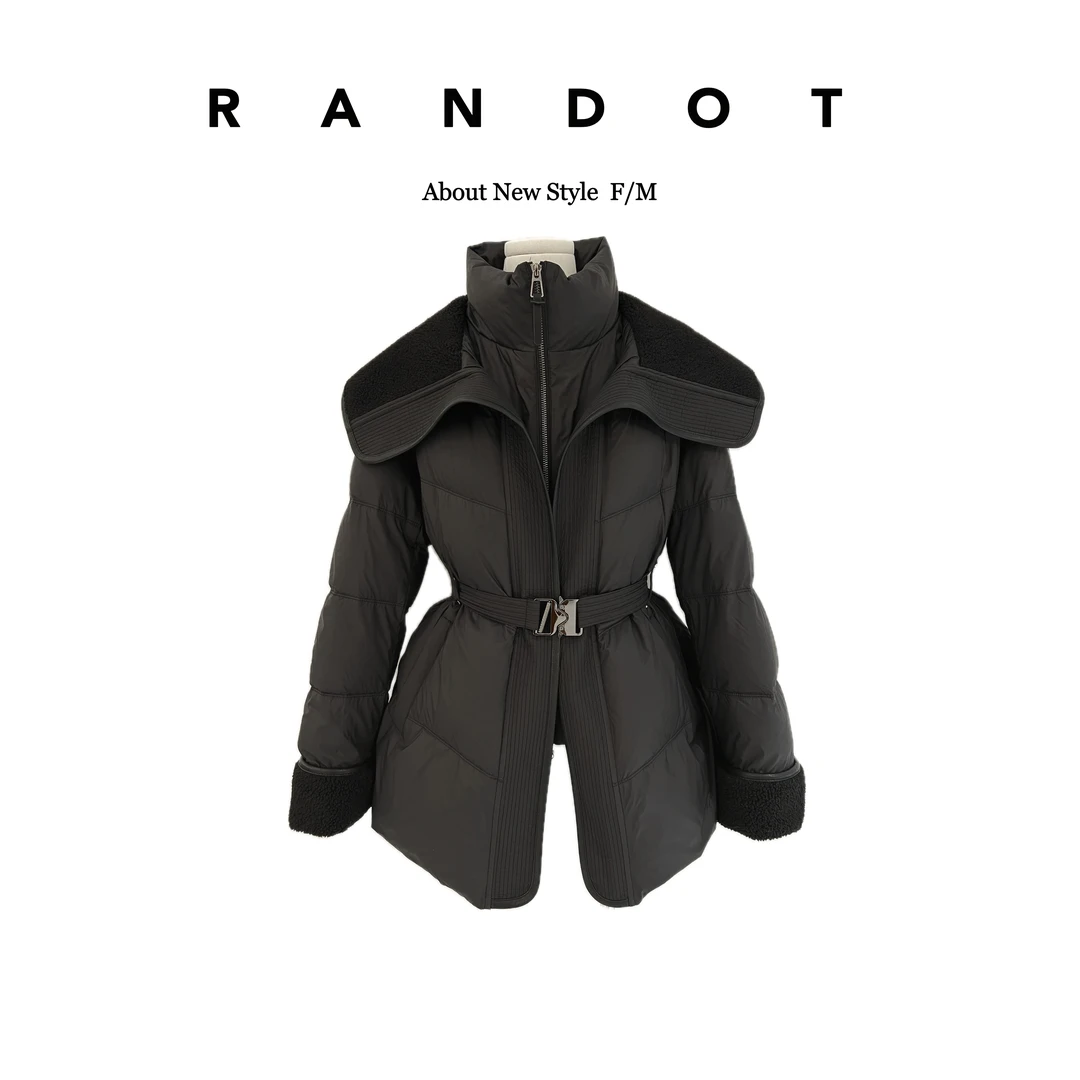 RΛNDOT「小腰精」90%白鸭绒•双层领PU皮拼颗粒绒腰带中长羽绒服A136