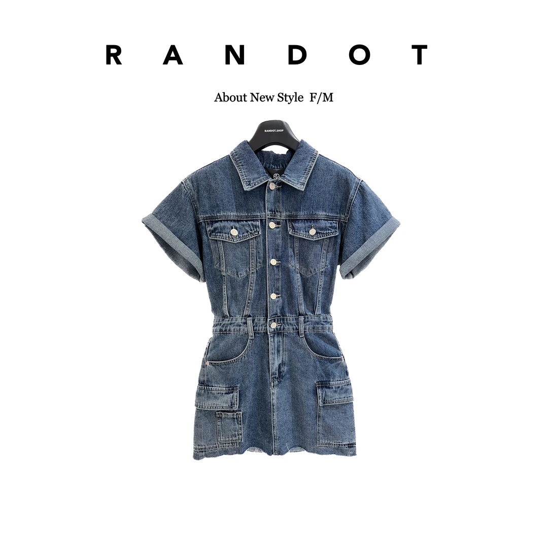 RANDOT【牛仔连体】原创设计师款翻领短袖毛边裙边连体短裙G3335
