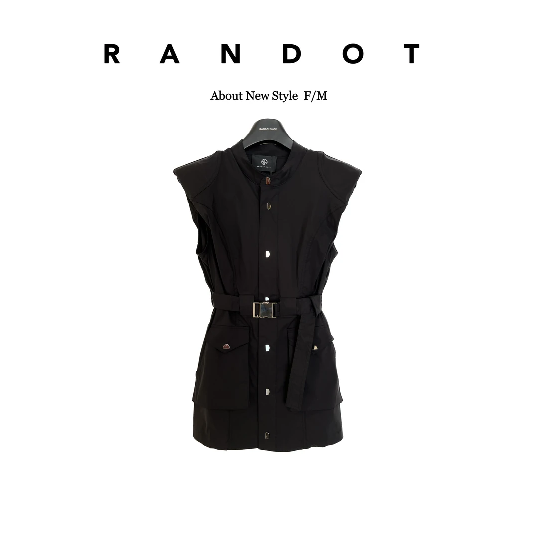 RΛNDOT「工装裙」立领垫肩飞飞袖单排半圆按扣连衣裙配腰带95570