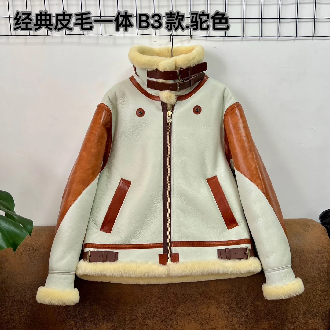 驼色B3.冬款皮毛一体冬季时尚休闲撞色翻领男士加厚保暖外套皮衣