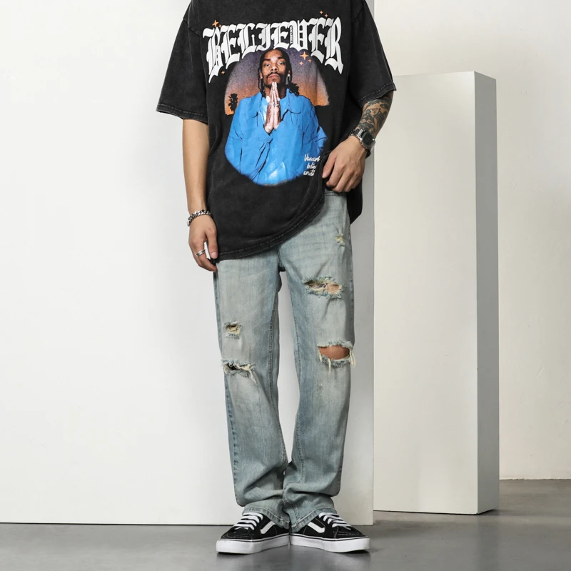 潮牌破洞牛仔裤潮流男高街美式复古水洗宽松阔腿百搭直筒裤