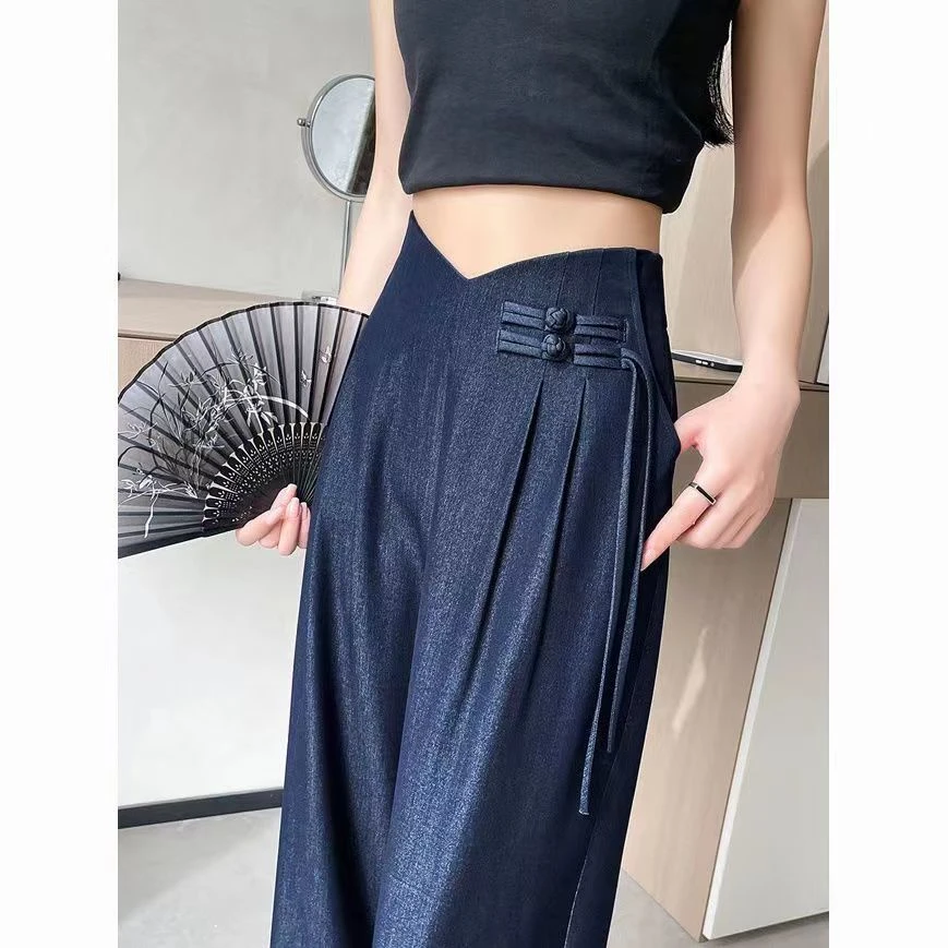 天丝牛仔阔腿裤女夏季冰丝大码中式国风裤盘高级感垂感直筒西装裤