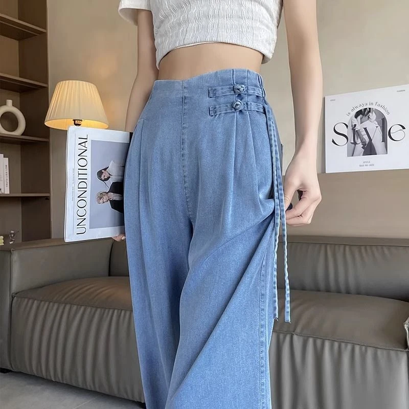 天丝薄款牛仔裤女夏季夏天新款高腰新中式国风垂感显瘦休闲阔腿裤