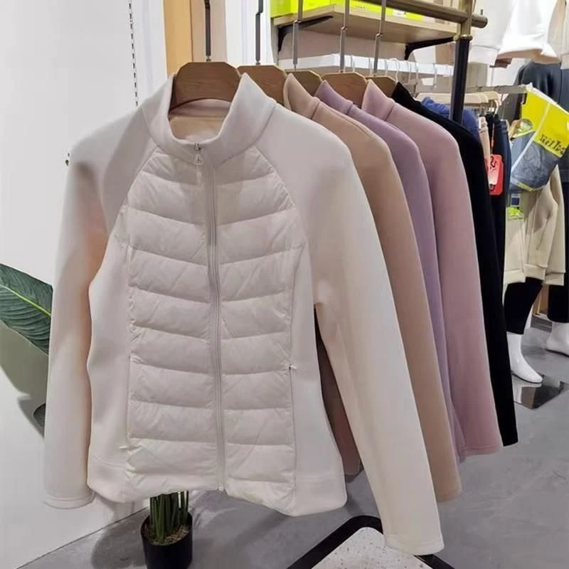 冬季毛呢拼接运动棉服女立领修身小蛮腰户外保暖健身服防风袄外套