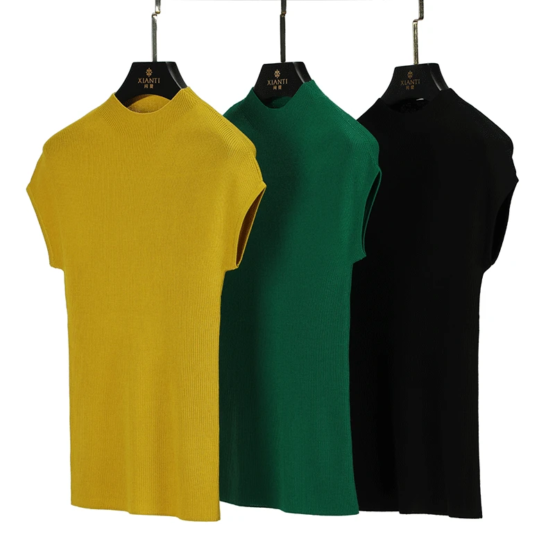 【升级版】高支美丽诺纯羊毛包肩修身针织衫女时尚无袖打底衫230036