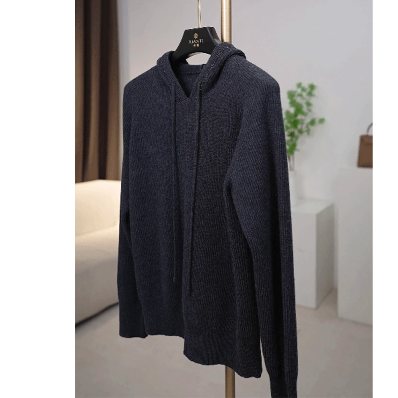 【轻奢-高货】加厚纯羊毛连帽衫女时尚灰色带帽长袖针织衫-2408135
