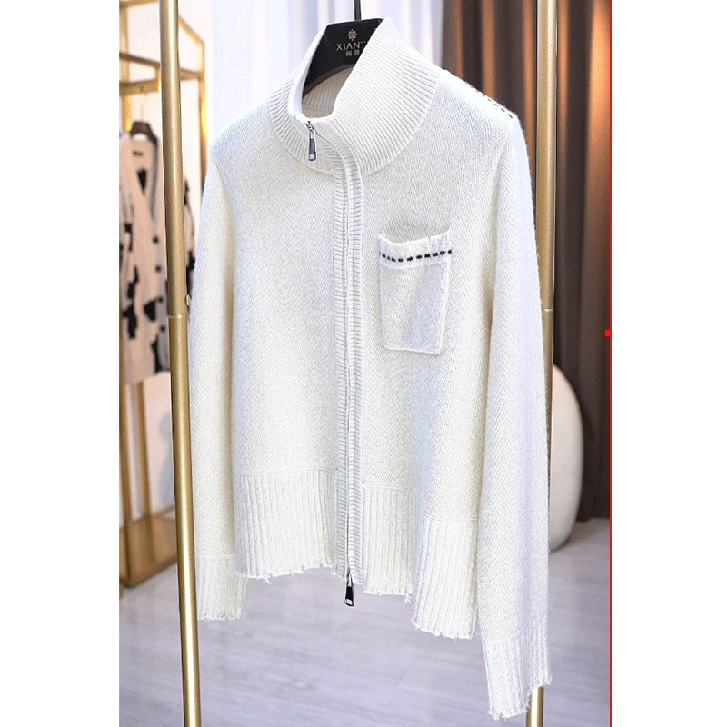 【高奢-加厚】时尚立领纯羊绒人字纹提花气质外套女冬-2408132