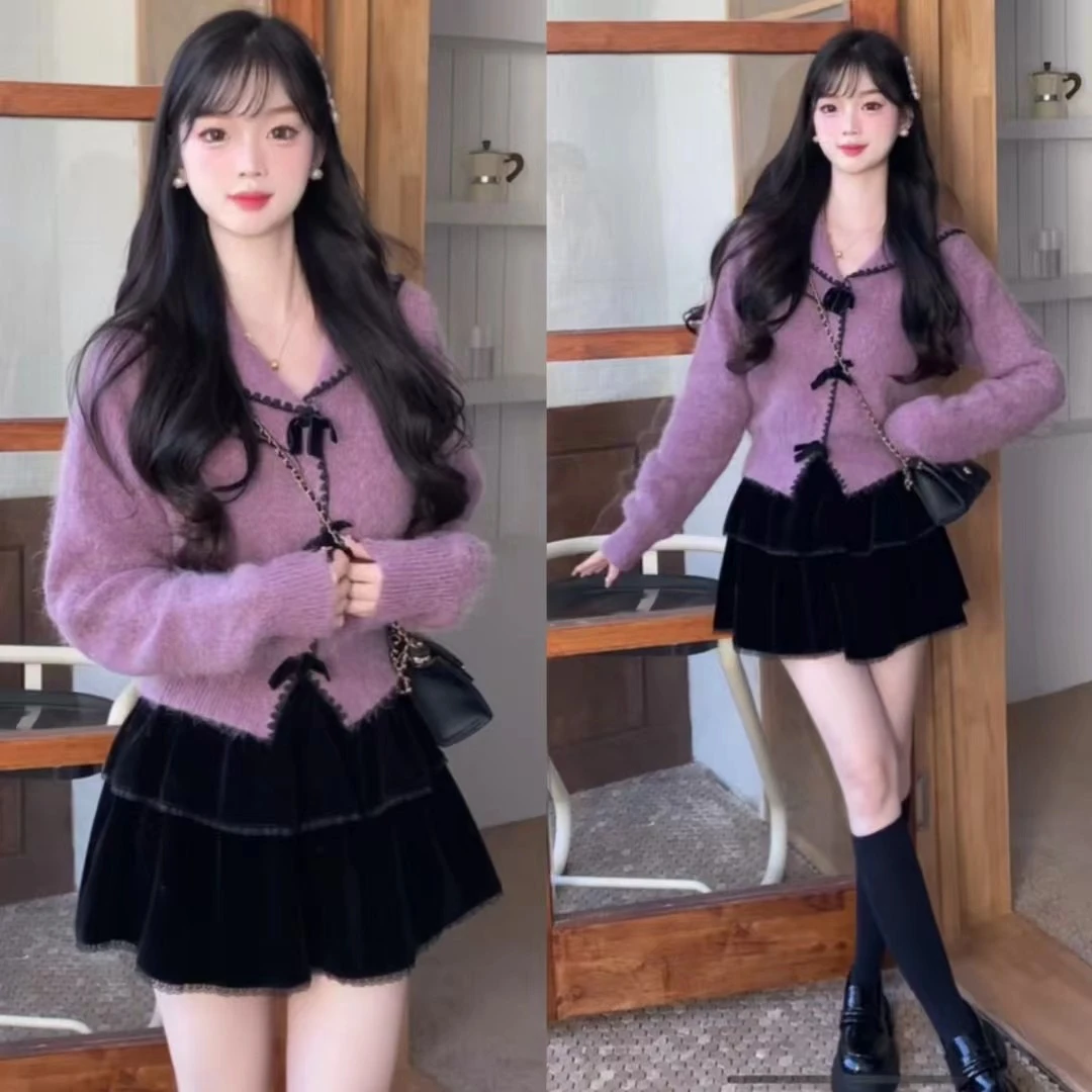 紫色毛衣针织开衫减龄外套黑色短裙秋冬温柔风时尚套装