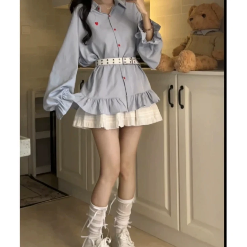 爱心刺绣长袖衬衫女韩系甜美设计感荷叶边减龄上衣+高腰半身裙