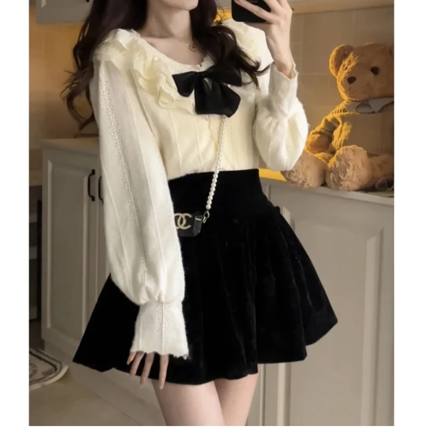 法式复古蝴蝶结娃娃领长袖上衣百搭显瘦丝绒蓬蓬半身裙