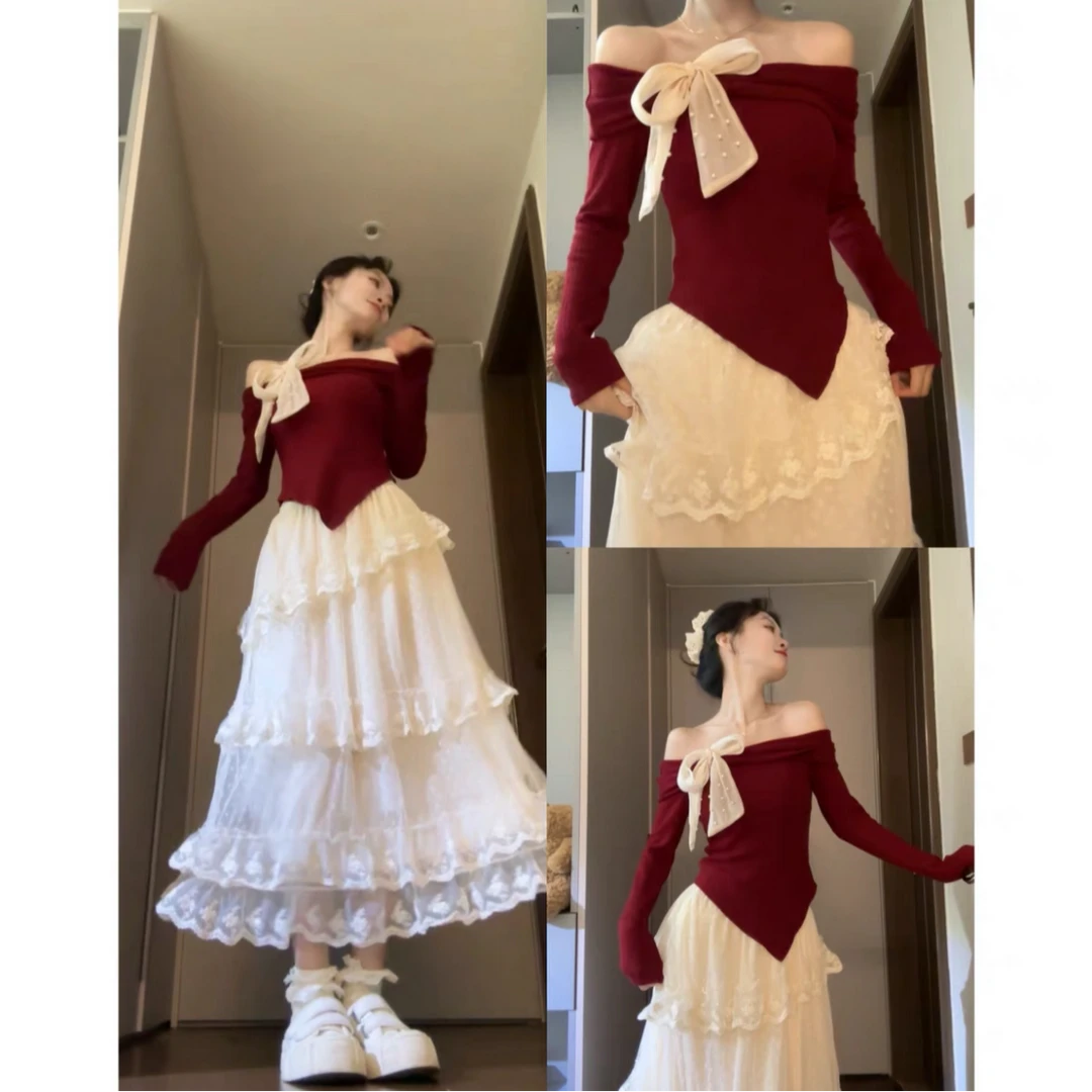 甜美·一字肩法式蝴蝶结针织衫女长袖修身红色上衣半身蛋糕长裙