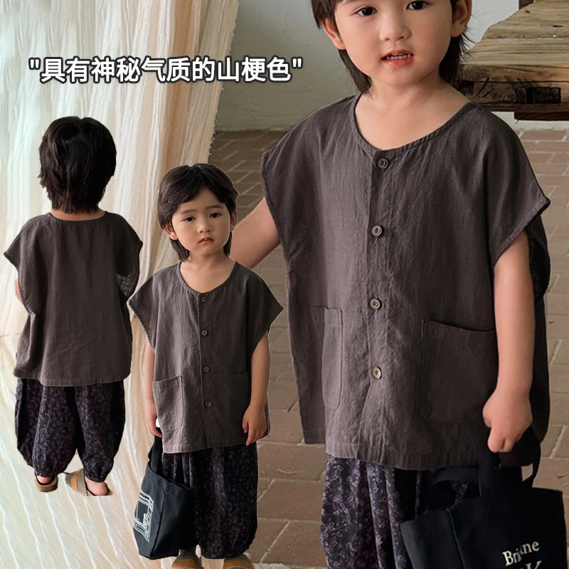 绵软文艺森系~轻薄复古圆领儿童落肩无袖开衫LZ240夏新男女童上衣