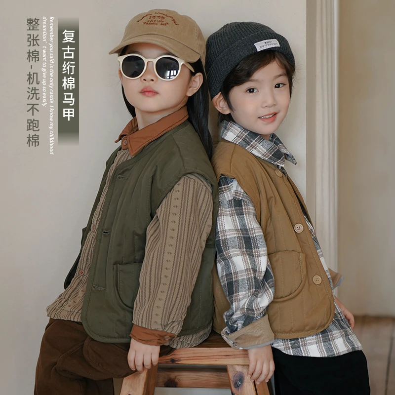 【反季清仓】WW82软糯复古棉马甲 冬韩范棉坎肩男女童夹棉口袋马甲