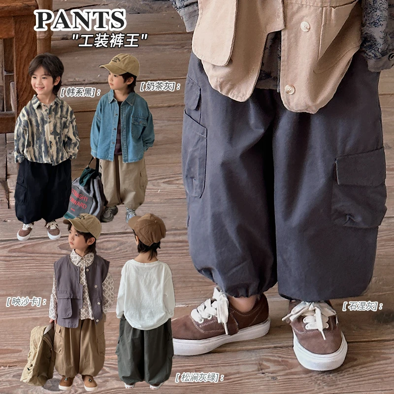 《秋上新》可泰酷辣~韩版儿童工装束脚裤KY104秋森系男女童口袋