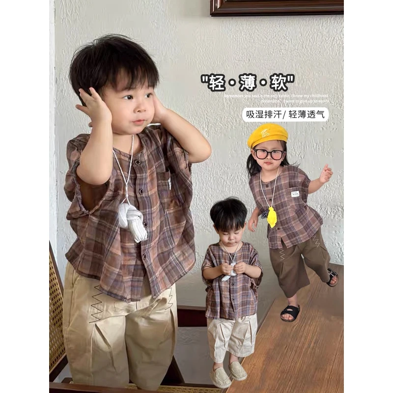 《禾芷》森系棉麻上衣韩版男女童格子无袖衬衫LZ374短袖洋气薄夏