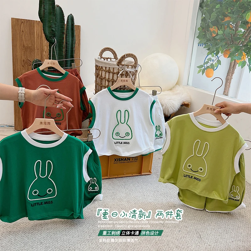 《亏米价》两件套~LR127夏季男女套装卡通立体兔子宝宝无袖背心短裤