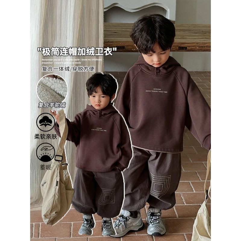 【冬清仓】韩版一体绒连帽卫衣冬装男童女童24DV328字母加绒套头衫