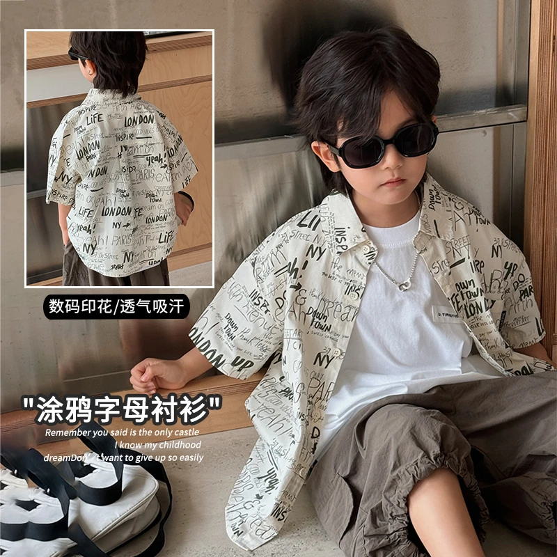 《沛墉》敲G级字母印花~中大男童涂鸦LZ146满印衬衫短袖新翻领半