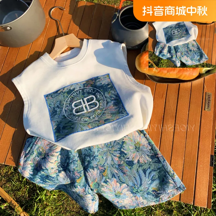 儿童夏季无袖套装2024年新款中大童个性复古坎肩百搭两件套酷5022