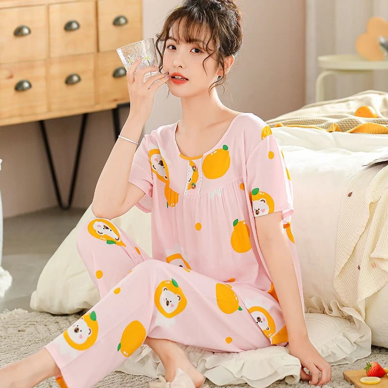 夏季女士棉绸短袖长裤睡衣韩版两件套装绵绸大码休闲圆领家居服