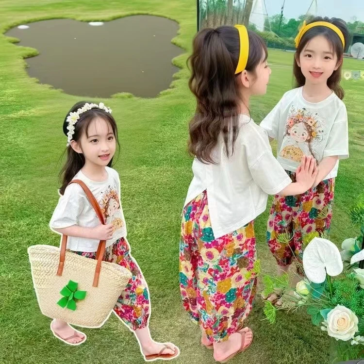 夏款2025女童时尚洋气套装夏季卡通休闲防蚊裤小女孩时髦短袖T恤