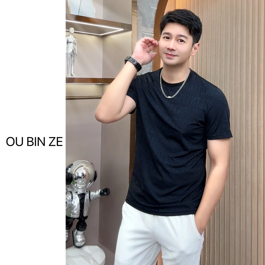 欧彬泽【盗梦空间】冰丝轻奢欧货提花工艺夏季新款男装短袖t恤2353