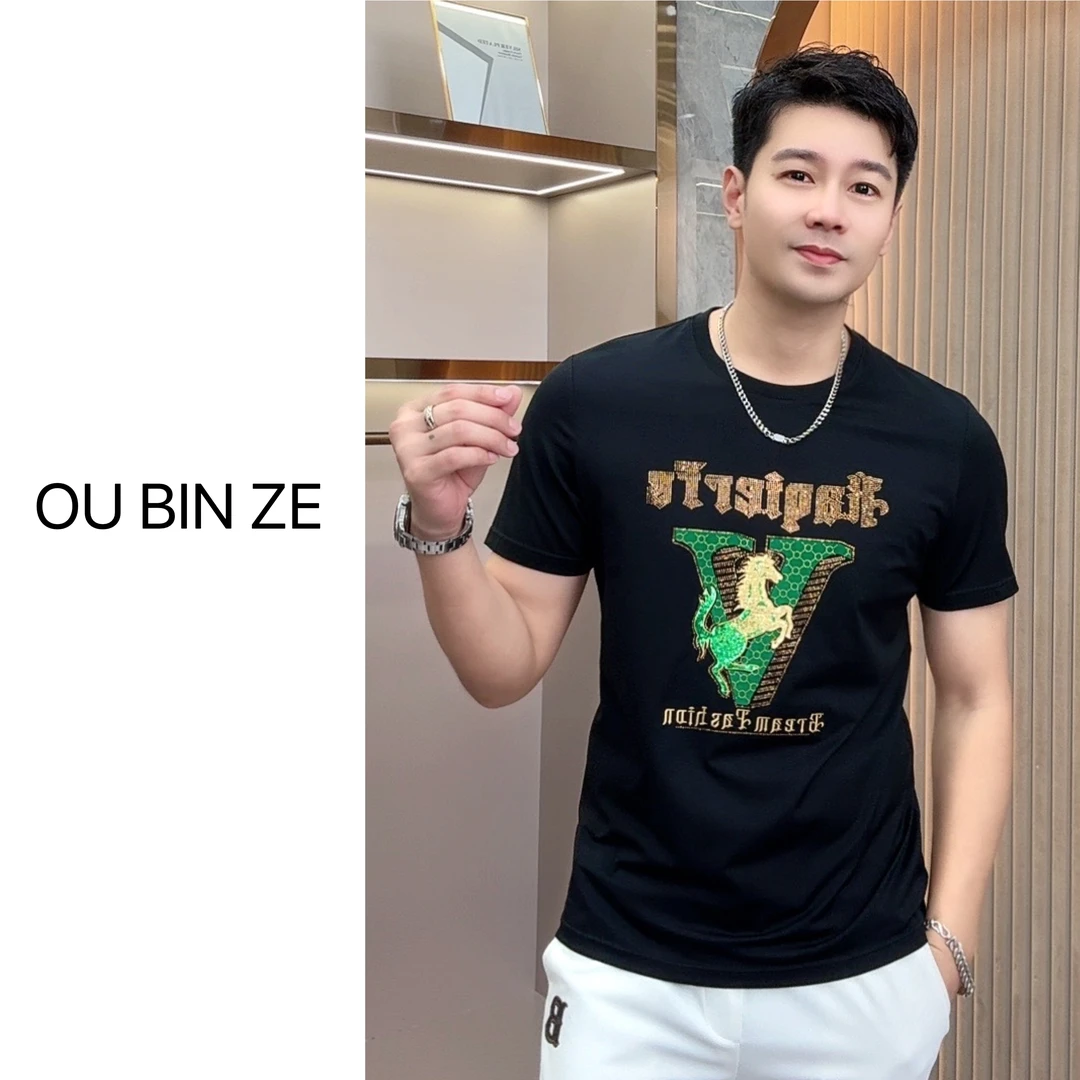 清 欧彬泽【马上有钱】丝光刺绣设计男士夏圆领短袖反季T恤8967