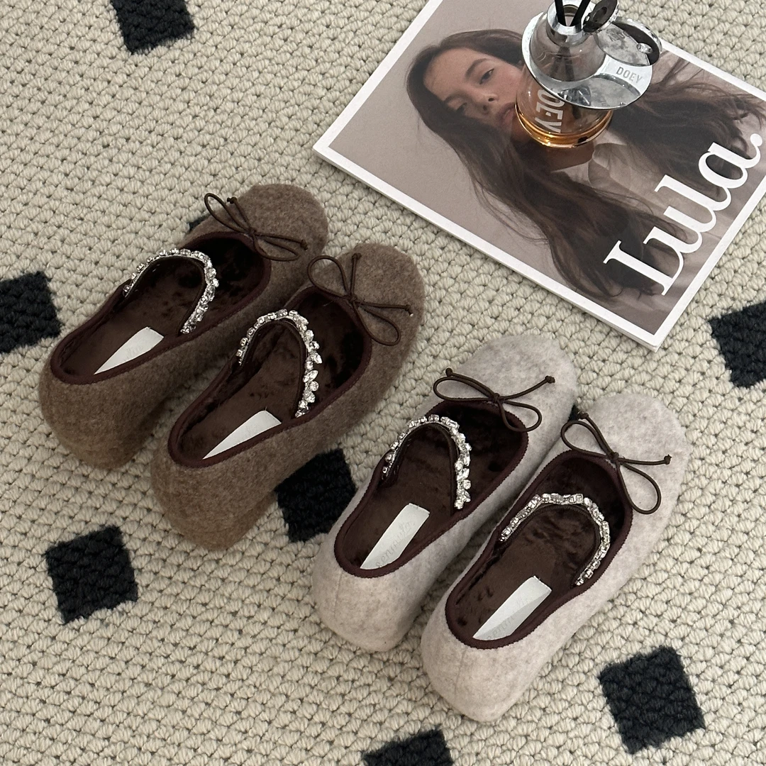 晚晚·内增高7cm芭蕾毛毛鞋女秋冬外穿蝴蝶结水钻加绒内玛丽珍单鞋