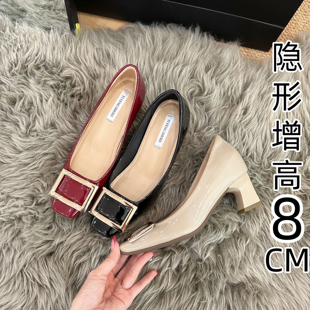 增高8cm法式经典金属方扣浅口单鞋女绝美方头超软配裙子的高跟鞋