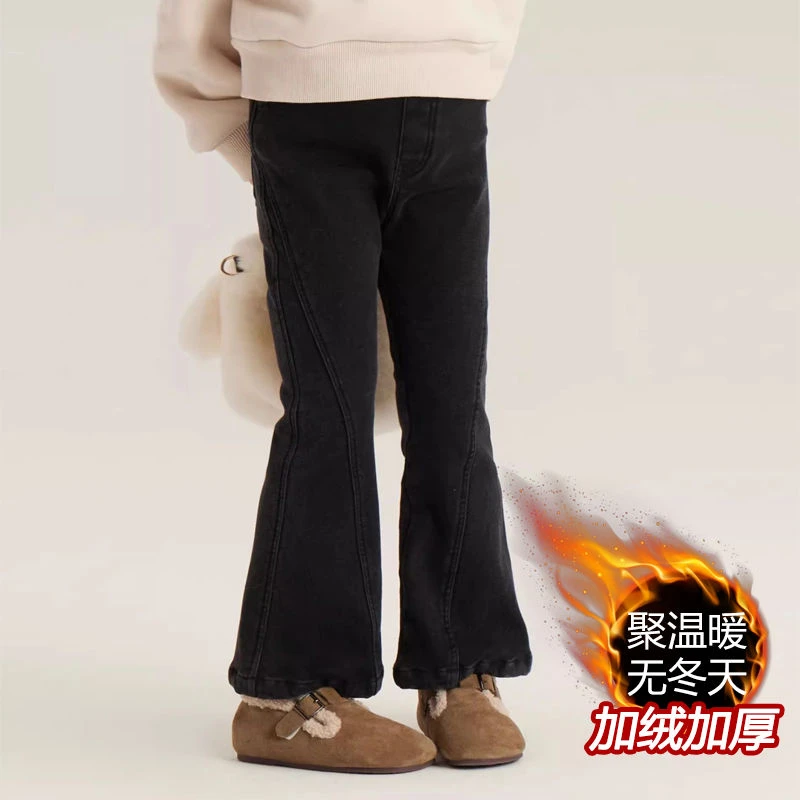 女童加绒牛仔裤2024冬季新款韩版儿童一体绒加厚女孩外穿长裤子潮