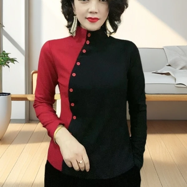 B922#时尚撞色半高领纽扣打底衫（XL~6XL.90~160斤）