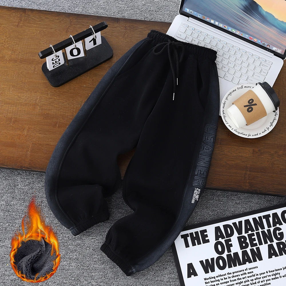 加绒针织砂洗男童裤子秋冬款加绒宽松中大童休闲运动帅气潮流卫裤