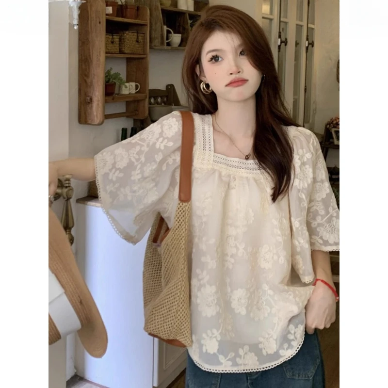 胖m特大码法式高级感方领碎花蕾丝衬衫衬衣遮肉宽松度假小香风ins