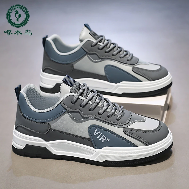 【啄木鸟】春秋男鞋新款透气皮面小白鞋潮流百搭厚底运动鞋休闲板鞋