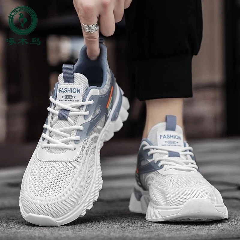 【啄木鸟】男鞋2025新款春秋软底防臭飞织网鞋男士百搭网面休闲运动