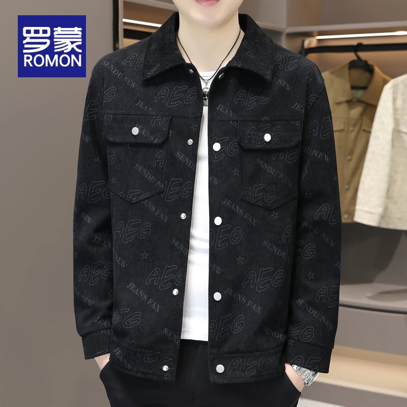 罗蒙春秋款男士短款翻领夹克男潮流时尚上衣男装秋季印花外套男款